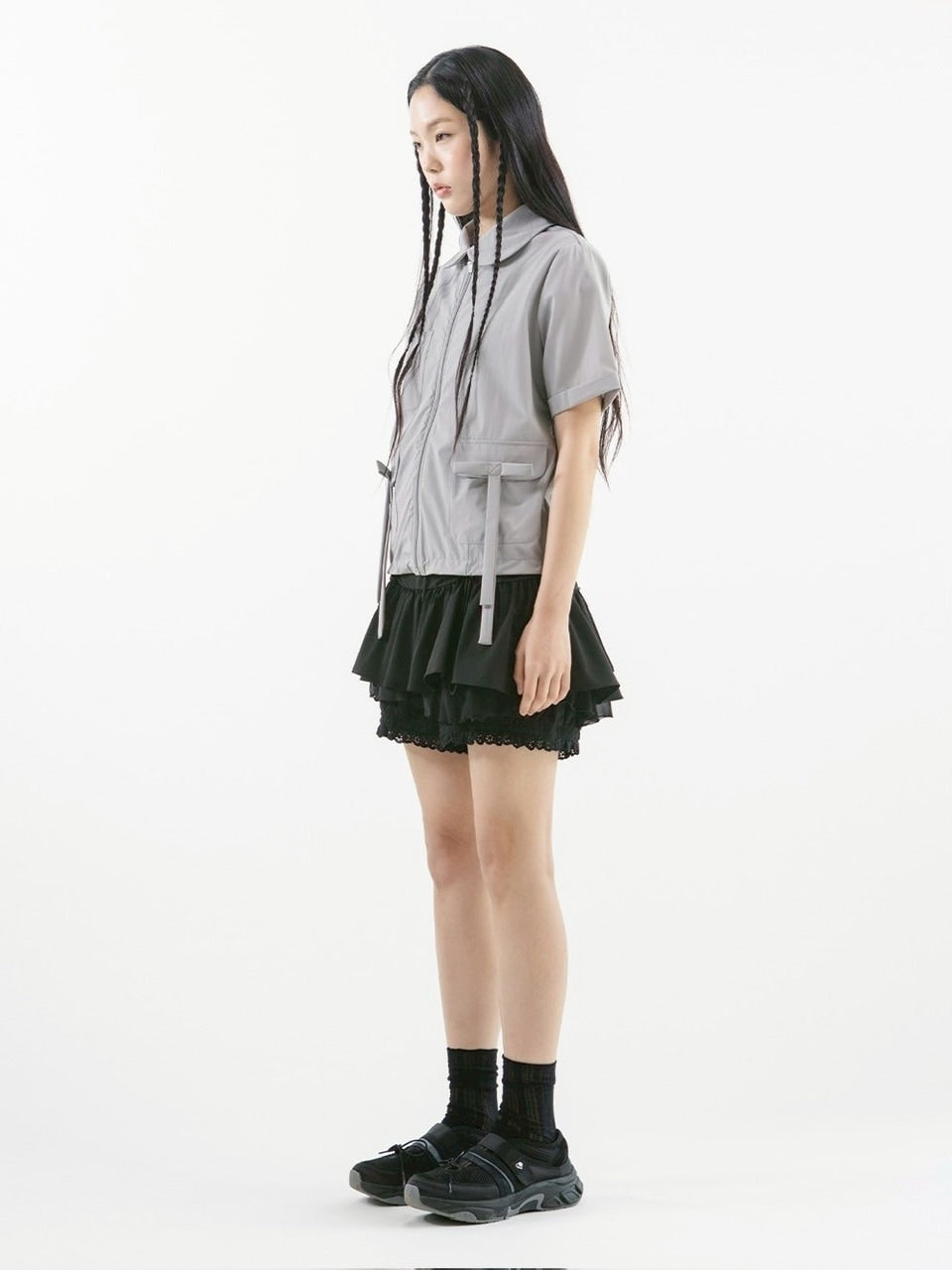 【TUOMIO】ROUND COLLAR NYLON ZIP-UP / 【トゥオミオ】ラウンドカラーナイロン半袖シャツジャケット