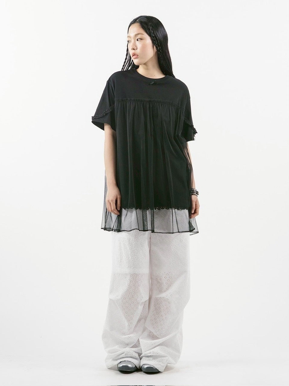 【TUOMIO】MESH LAYERED LACE T-SHIRT / 【トゥオミオ】メッシュレイヤードレース半袖Tシャツ