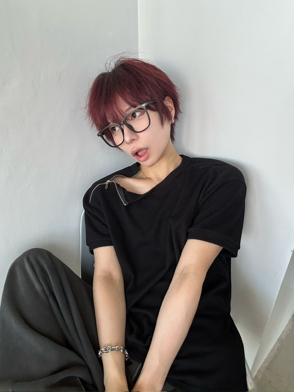 受注制【LUV CODE】shoulder zip half sleeve knit (3color)