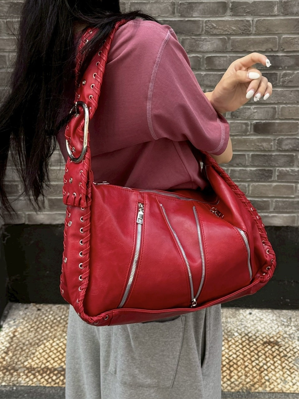 受注制【Chikashitsu +】big zip Non-leather material bag / 【チカシツプラス】ビックジップノンレザーショルダーバッグ