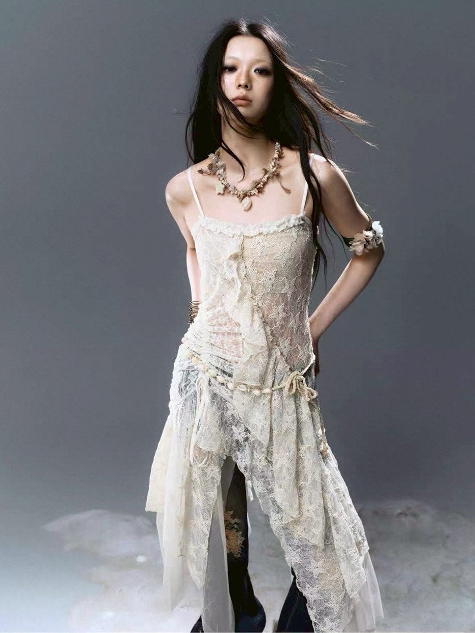 【Cest Nous】Star-Embellished Tulle dress / 【セヌー】レースフリルチュールキャミワンピース