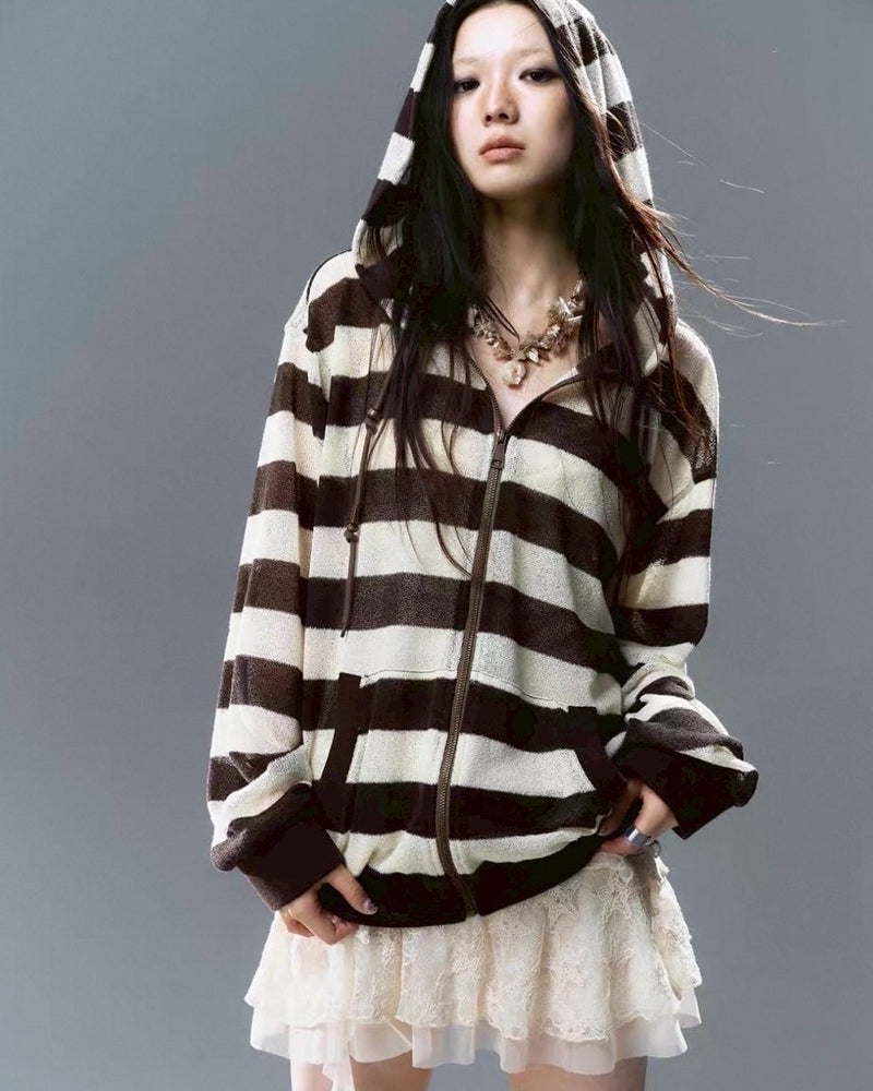 【Cest Nous】Striped Beaded Hoodie / 【セヌー】ボーダーシースルージップパーカー