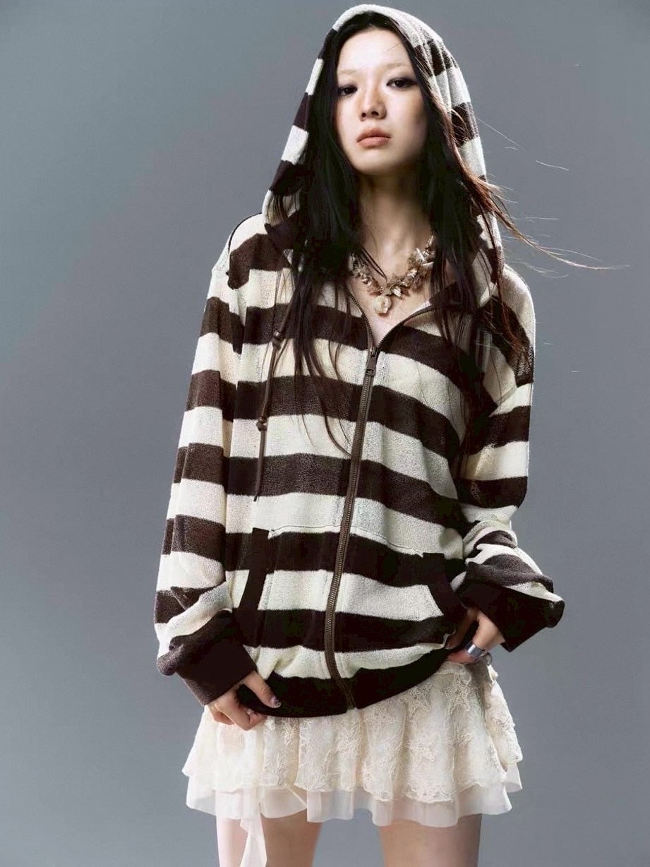 【Cest Nous】Striped Beaded Hoodie / 【セヌー】ボーダーシースルージップパーカー