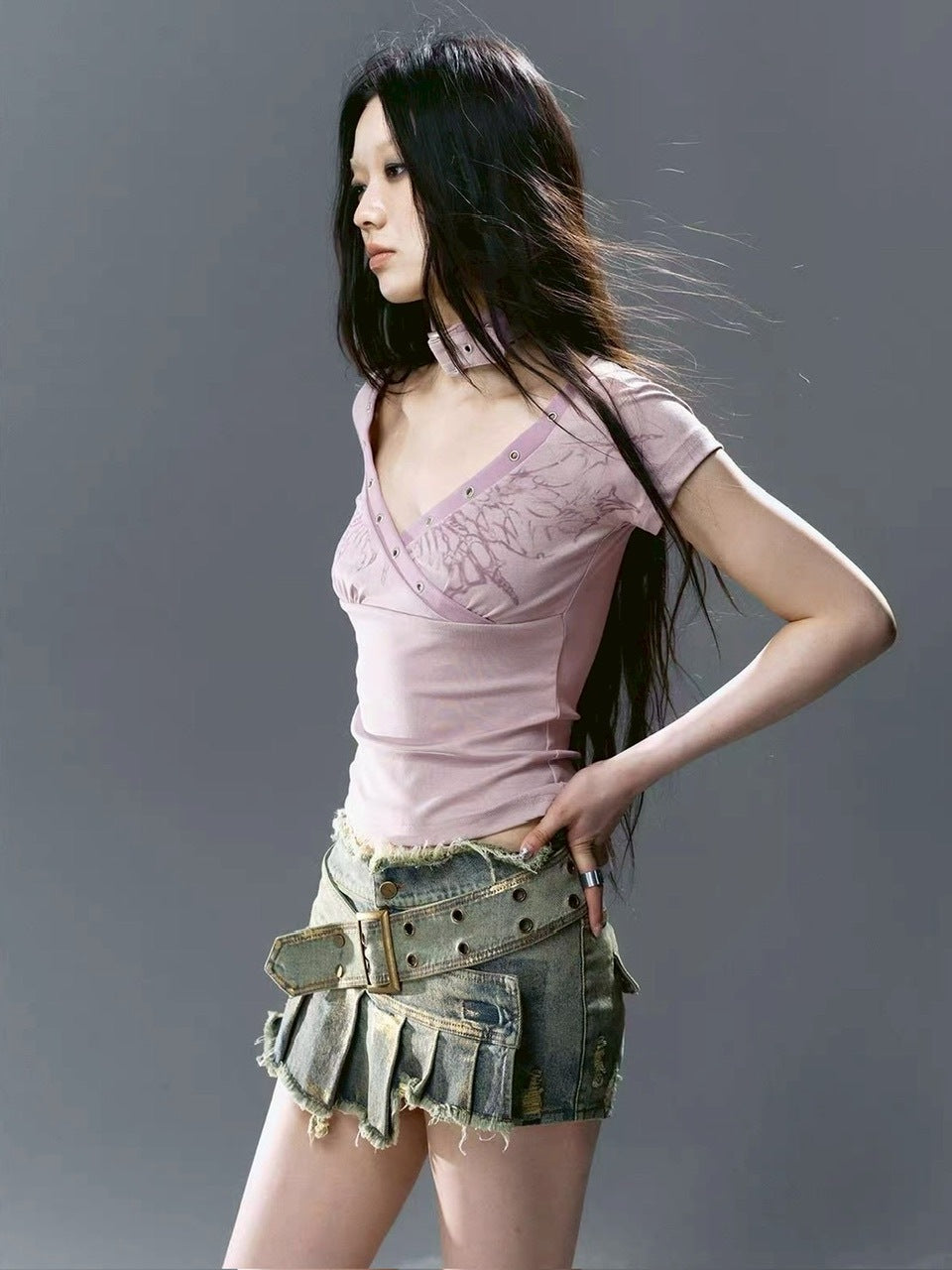 【Cest Nous】Gold-Foil Printed Skort / 【セヌー】ベルトプリーツデニムミニスカートパンツ