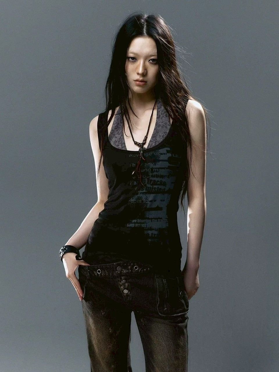 【Cest Nous】Graffiti Tank Top / 【セヌー】2wayグラフィックボーダーレイヤードタンクトップ