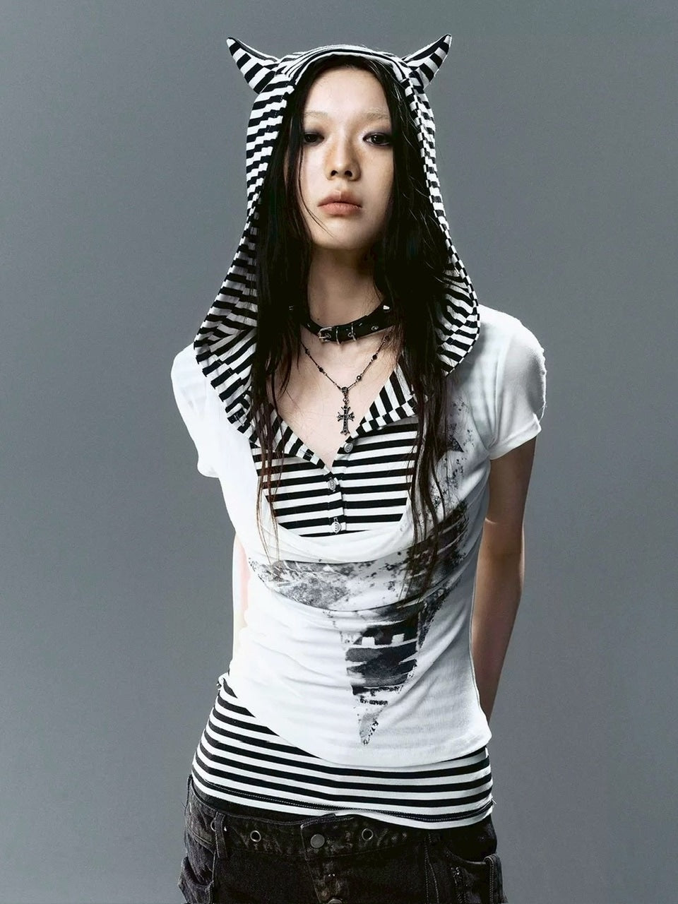 【Cest Nous】Striped Cat-Ear Top / 【セヌー】ボーダーレイヤードキャットイヤー半袖Tシャツ