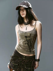 【Cest Nous】Army Green Graffiti Camisole / 【セヌー】グラフィックベルトキャミソール