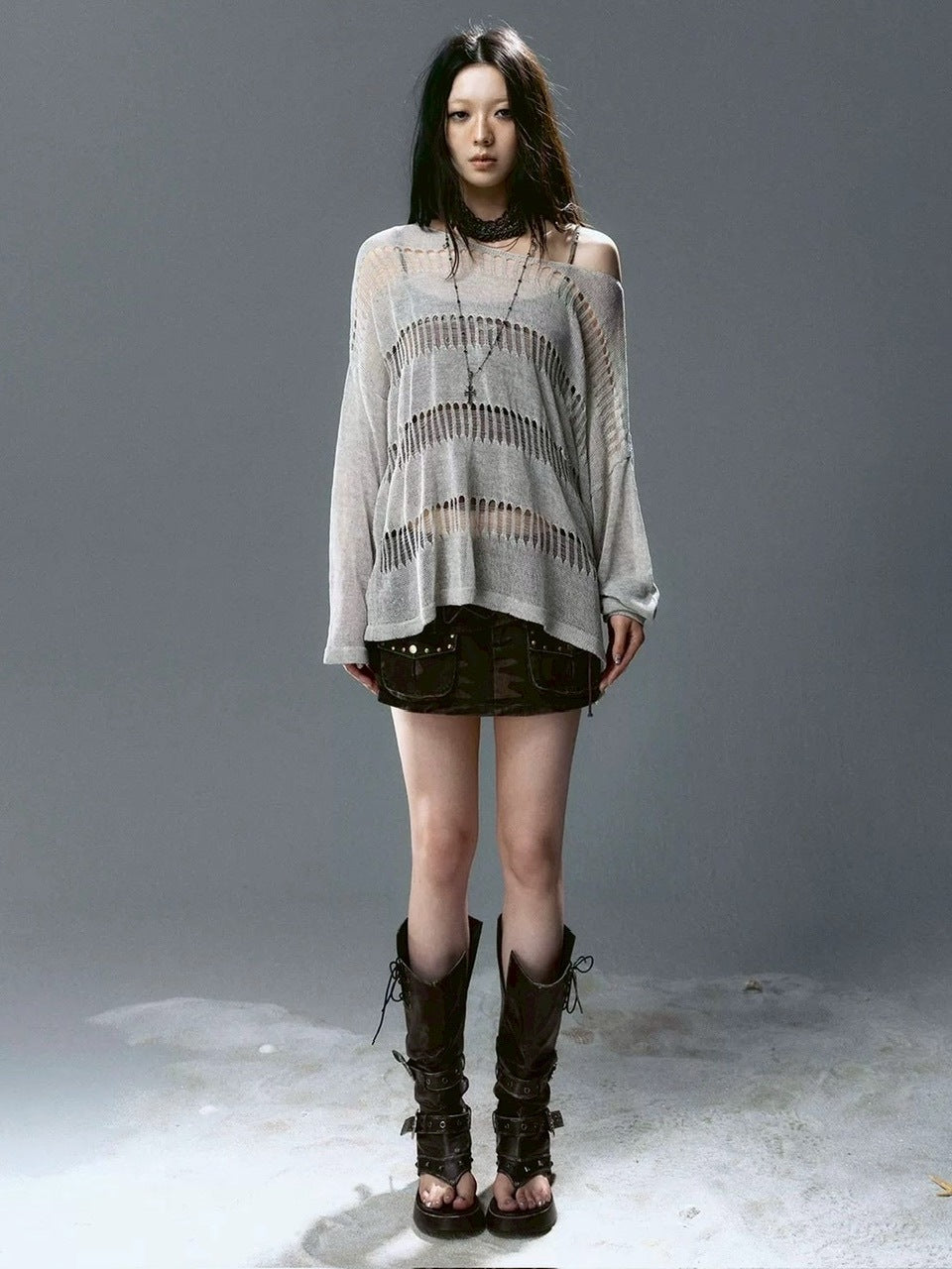 【Cest Nous】Knit Cover-Up / 【セヌー】シースルーボーダーサマーニット長袖Tシャツ