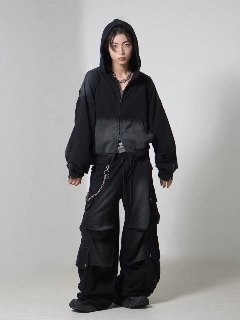 【CHIKASHITSU PLUS HIGH】cropped dirty wash double zip hoodie (wash black) / 【チカシツプラスハイ】クロップドダーティーウォッシュダブルジップパーカー