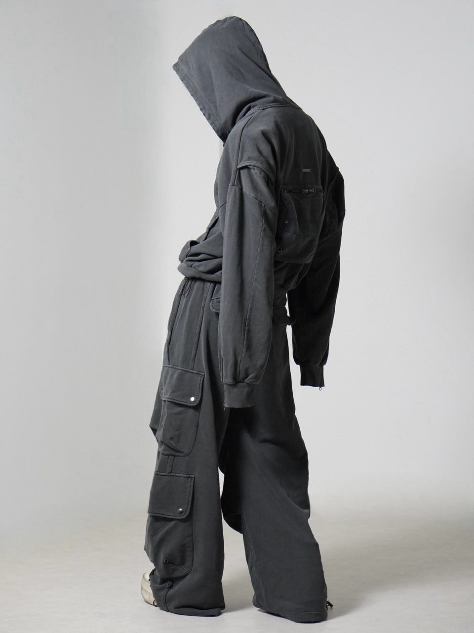 【CHIKASHITSU PLUS HIGH】cropped dirty wash double zip hoodie (charcoal) / 【チカシツプラスハイ】クロップドダーティーウォッシュダブルジップパーカー