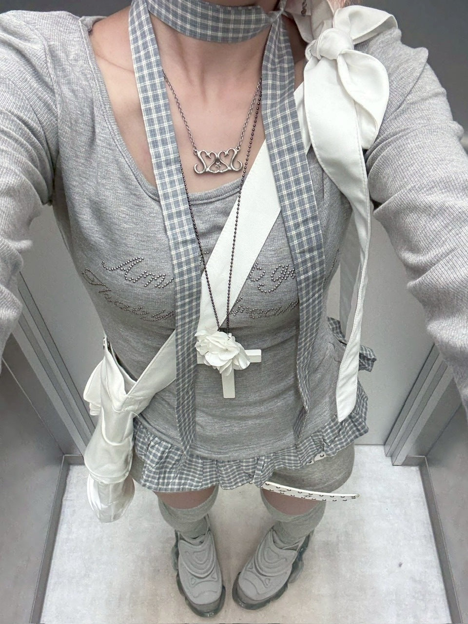 受注制【nmtc +】tie set check lace long sleeve / 【エヌエムティーシープラス】タイ付きチェックレース切り替え長袖Tシャツ (3color)