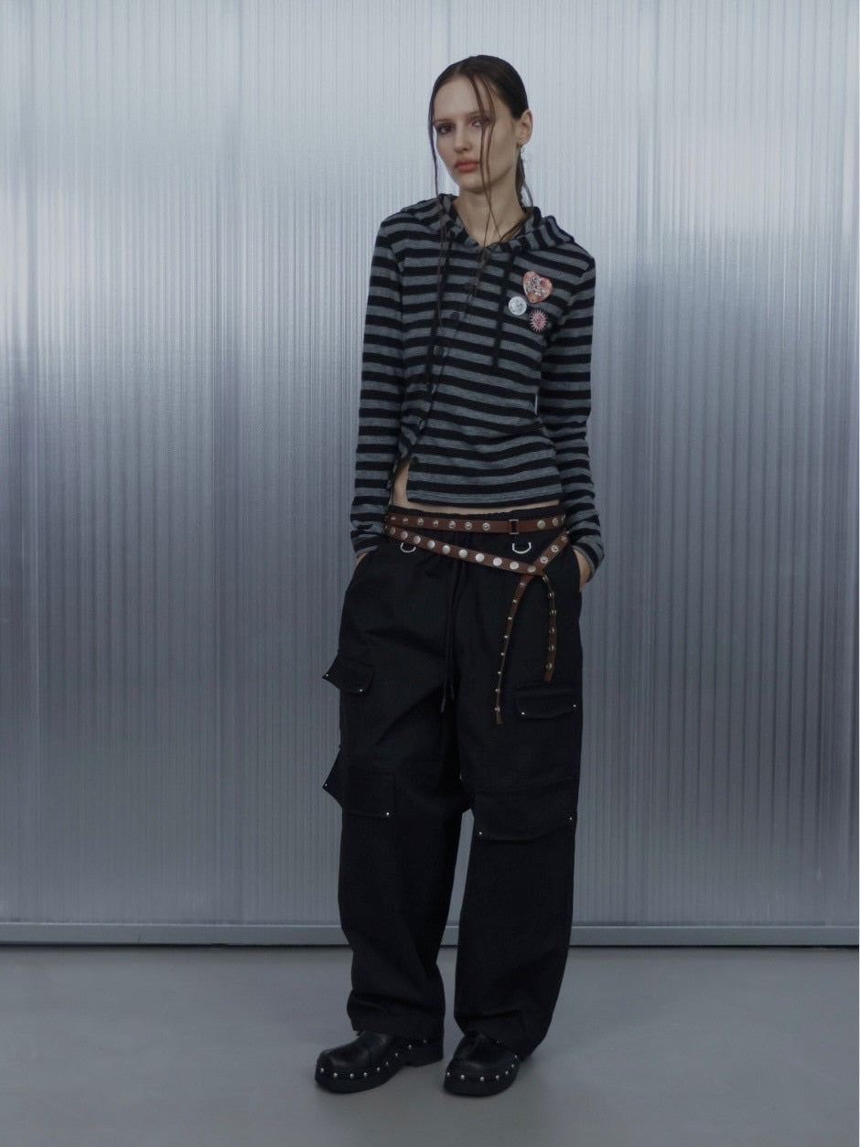 【SETUP‐EXE】BADGE STRIPE HOODED CARDIGAN / 【セットアップエグゼ】バッジストライプフードカーディガン