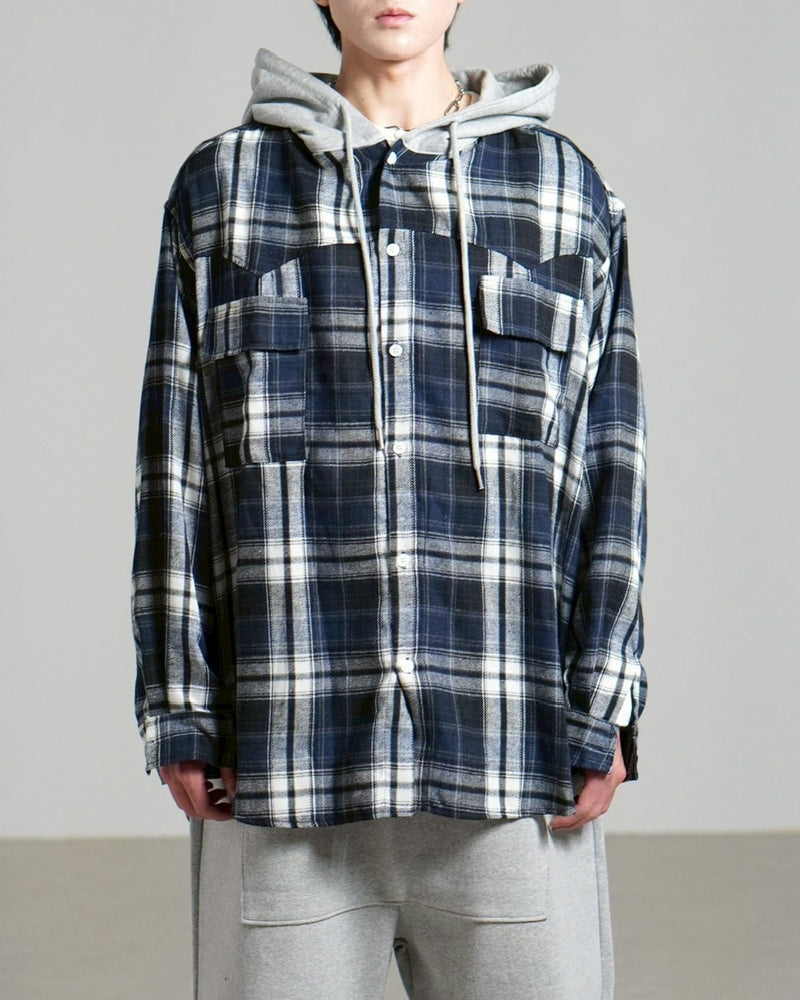 受注制【Chikashitsu +】hood mix check hoodie / 【チカシツプラス】フードミックスチェックパーカー (3color)