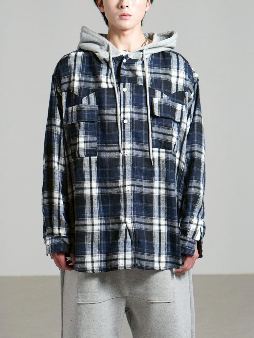 受注制【Chikashitsu +】hood mix check hoodie / 【チカシツプラス】フードミックスチェックパーカー (3color)