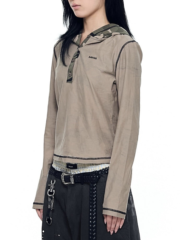 【AAKAM】Camo Contrast Hooded Long Sleeve