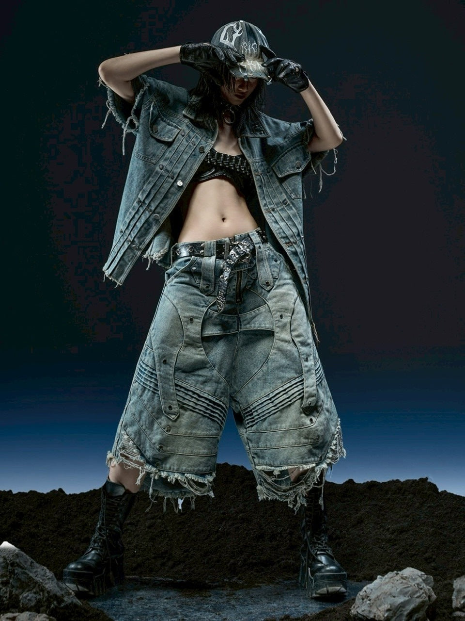 1/2 20:00再販【RICH】Knight Wide Waxed Short Pants/ 【リッチ】デザインデニムダメージハーフパンツ