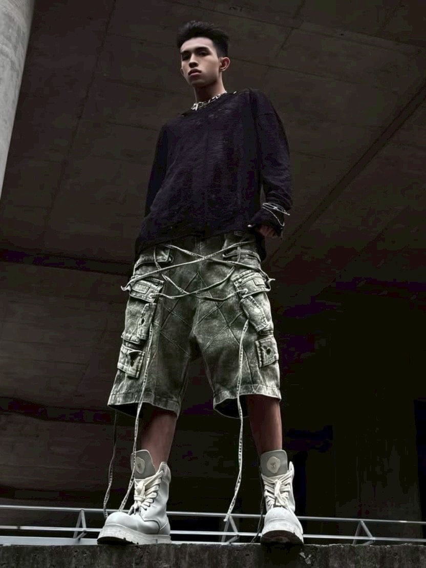 【RICH】Cargo Wide Green Washed Short pants / 【リッチ】ポケットカーゴデニムハーフパンツ