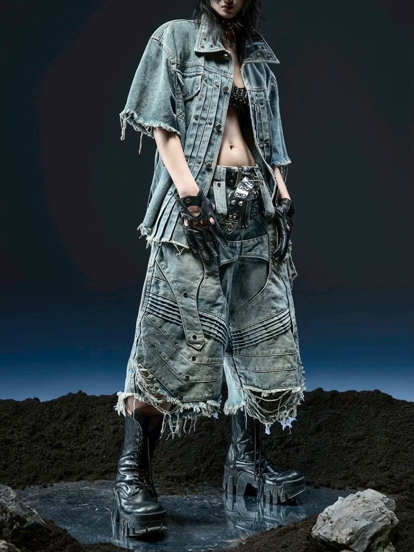 1/2 20:00再販【RICH】Knight Wide Waxed Shirt / 【リッチ】クロスバック半袖デニムシャツ