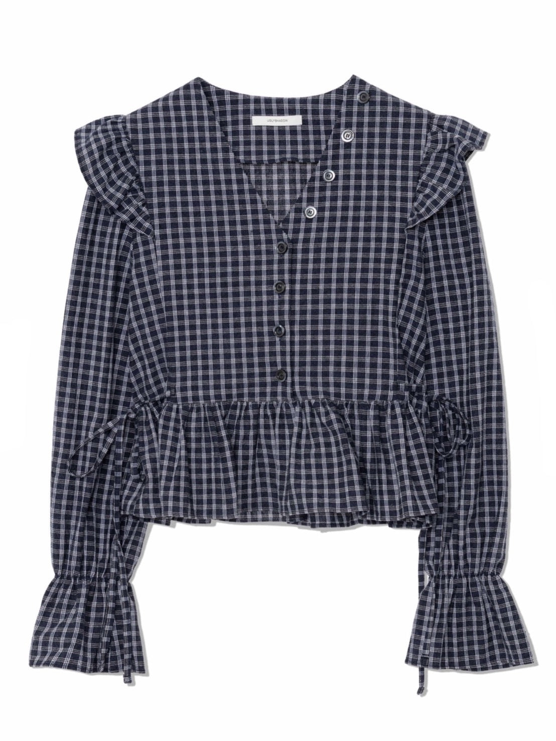 12/21 20:00 再販【Uglyshadow】BUTTON CHECK FRILL BLOUSE