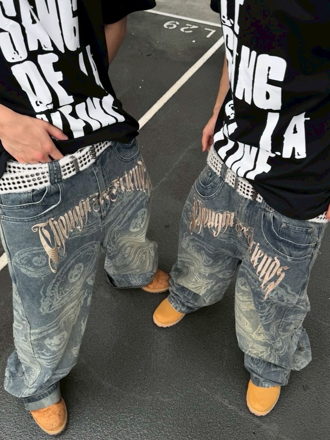 【Thought We Friends】Eyethought 2.0 Distressed Baggy Denims with Embroidery & Studs
