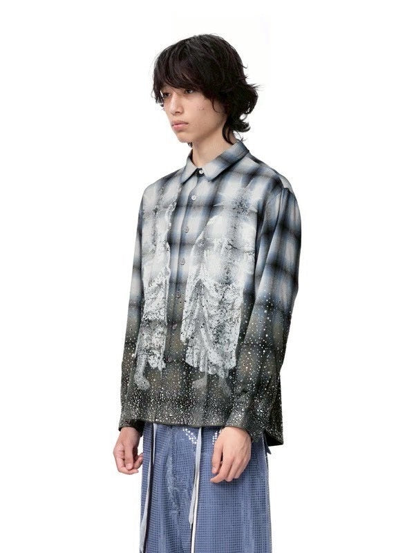 【The Boy Has No Patience】Saint Irregular Hot Diamond Plaid Shirt / 【ザボーイハズノーペーシェンス】ラインストーングラデーション長袖チェックシャツ