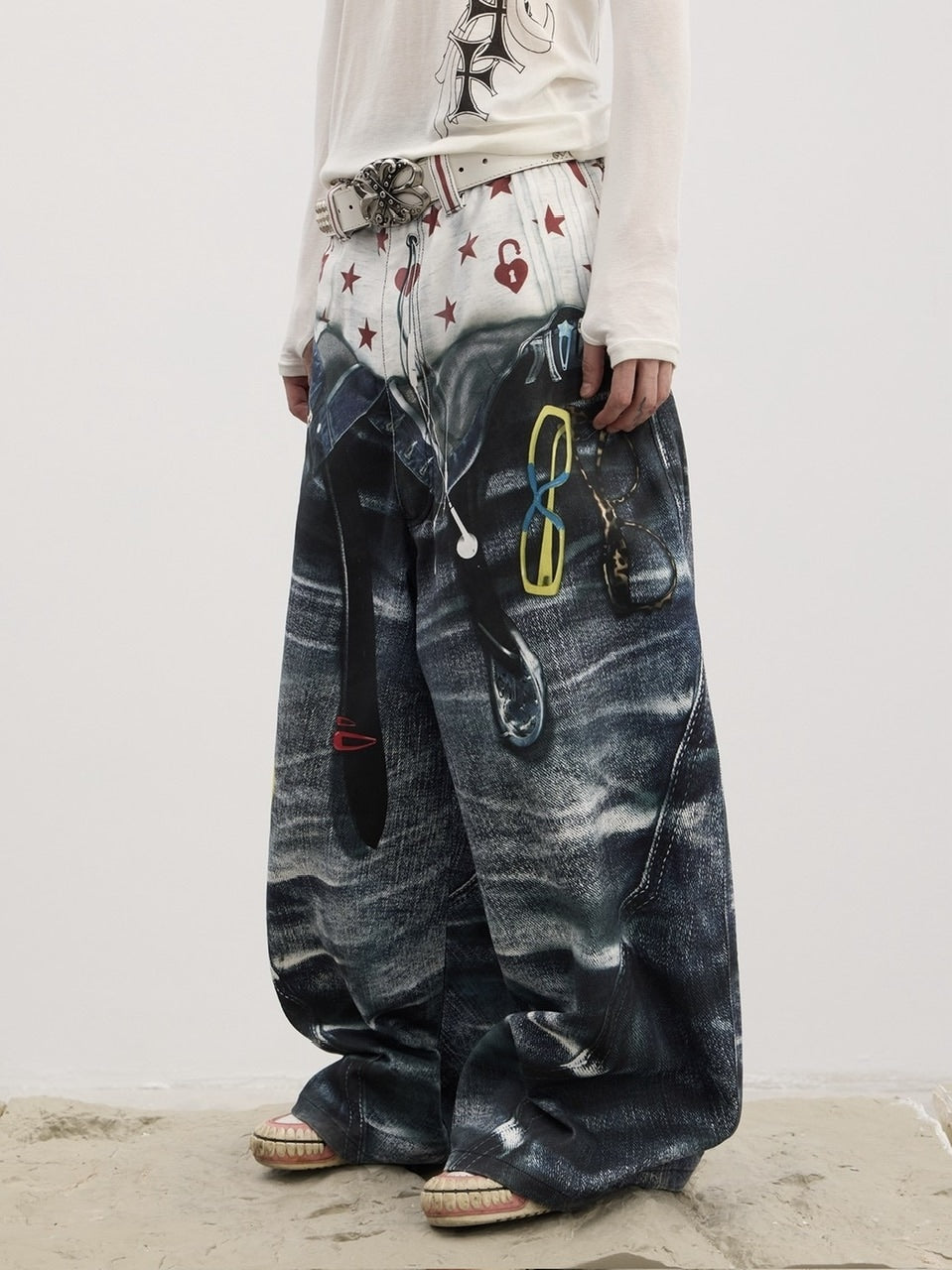 【DND4DES】Double Waist Badge All-Over Print Pants /【ディーエヌディーフォーデス】ダブルウエストプリントデニムパンツ