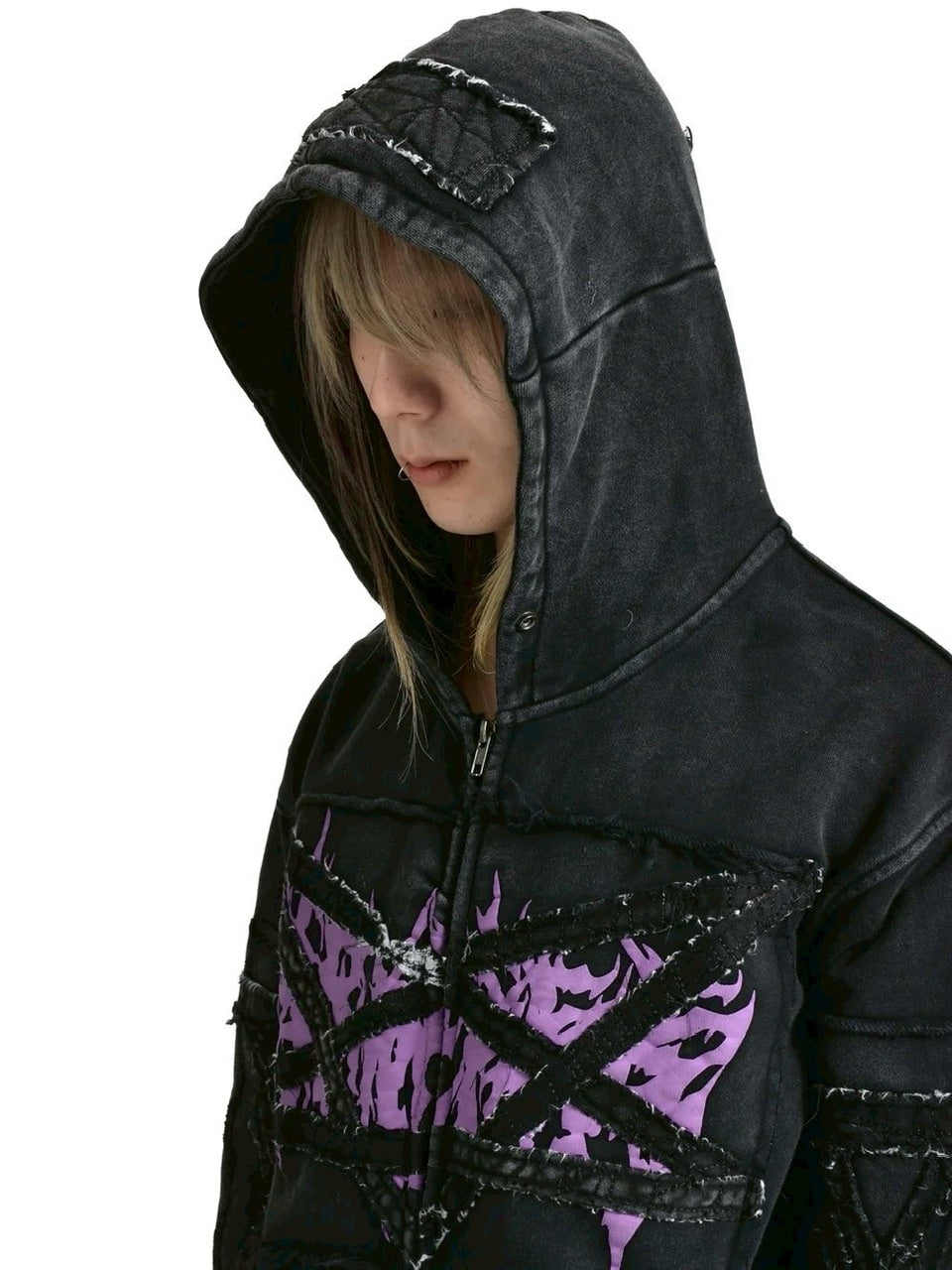 【Reckless Scholars】PENT PATCH FLANNEL HOODIE / 【レックレス スカラーズ】フロントデザインレイヤードウォッシュジップパーカー