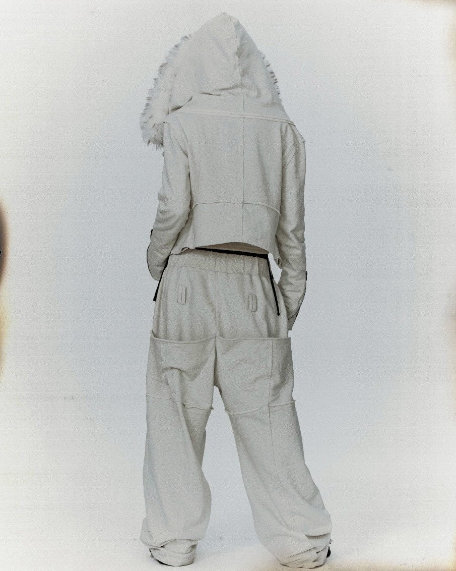 【bonienkiye】Distressed Seam Fur Hood Zip-Up