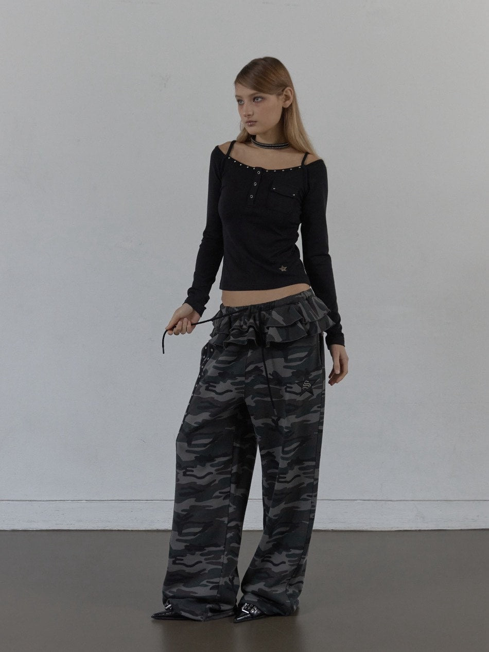 【SETUP‐EXE】FRILL EYELET SWEATPANTS / 【セットアップエグゼ】フリルアイレットサイドラインスウェットパンツ