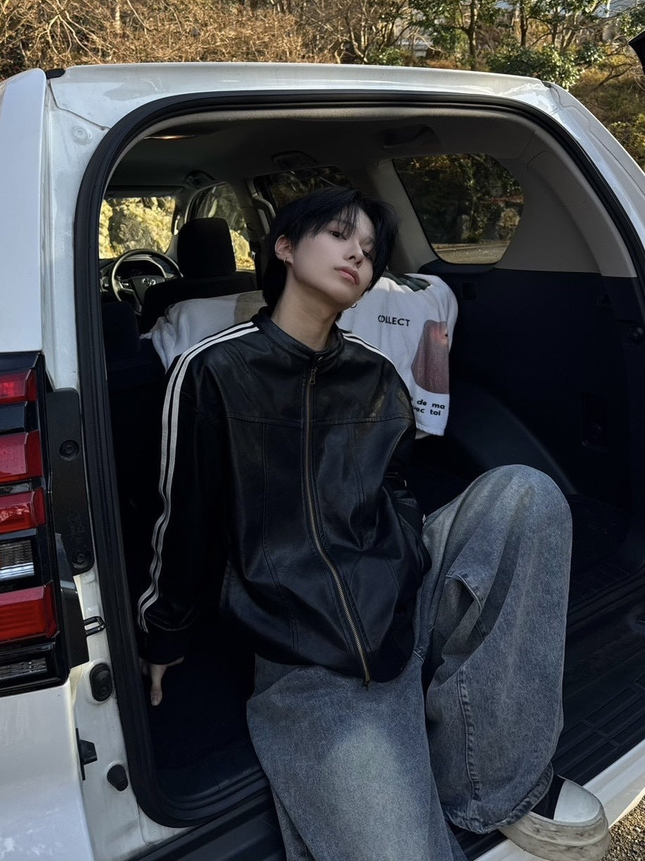 国際配送【LUV CODE】line leather jacket (2color)