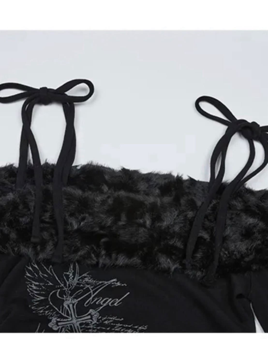 【NOT KNOWING】Fur Off Shoulder Lace Up Top