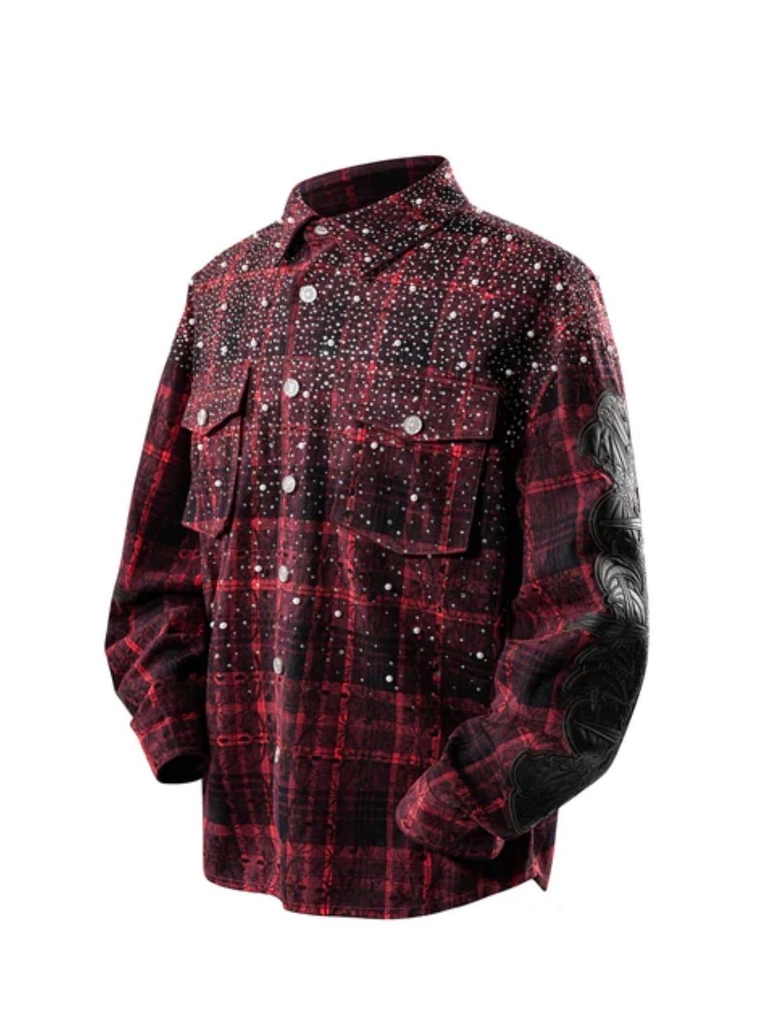 【The Boy Has No Patience】TBHNP LUMINOUS DAWN RHINESTONE PEARL BAT PATTERN L-S SHIRT / 【ザボーイハズノーペーシェンス】ラインストーンチェックシャツ