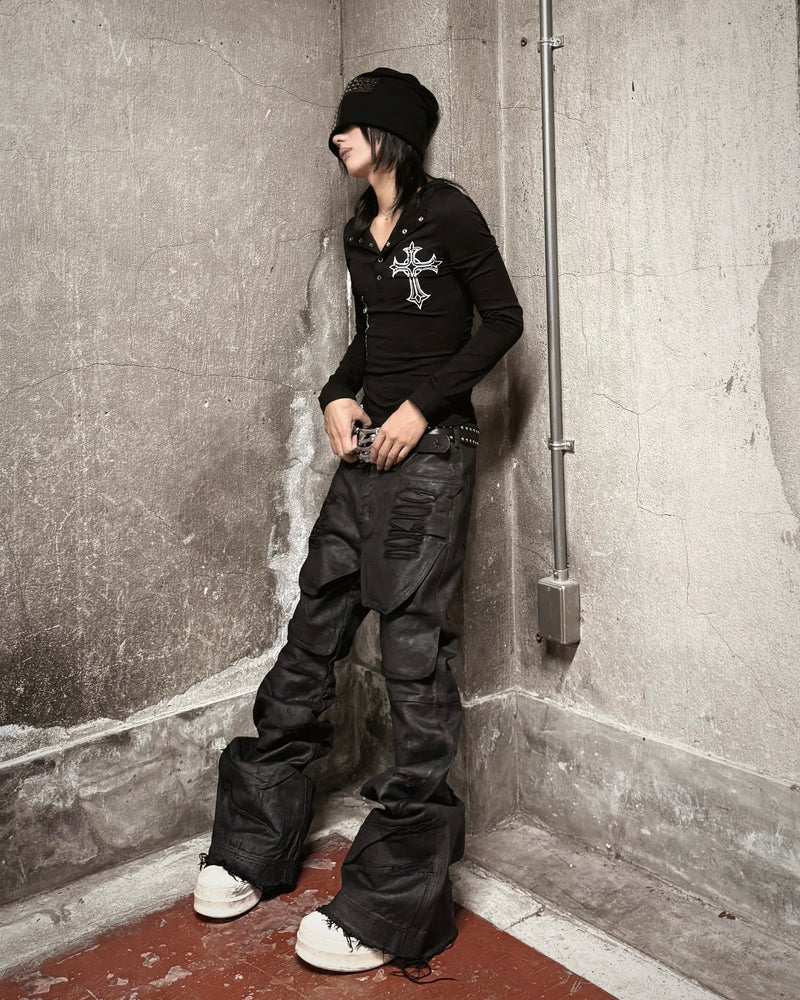 国際配送【Never mind the XU】DISTORTED LAYERED FLARE PANTS