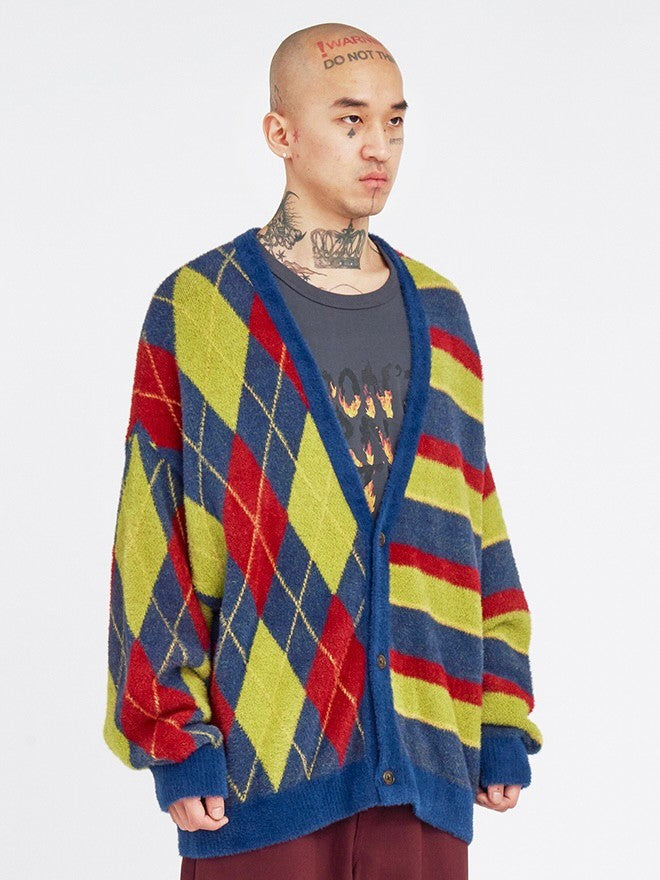 【AJOBYAJO】Argyle Stripe Mixed Cardigan / 【アジョバイアジョ】アーガイルストライプボーダーミックス長袖カーディガン