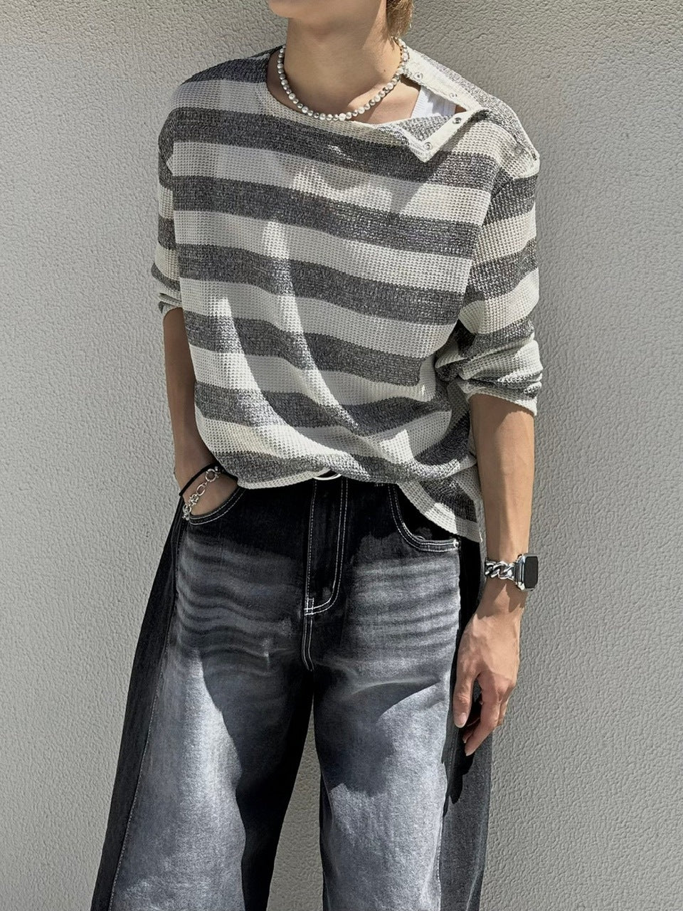 大阪店WEB限定受注制【Chikashitsu +】shoulder snap border knit (2color)