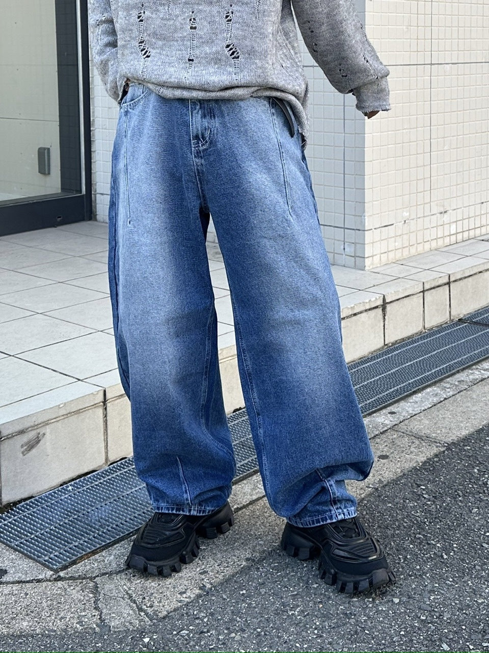 大阪店WEB限定受注制【Chikashitsu +】washing wide denim pants (2color)
