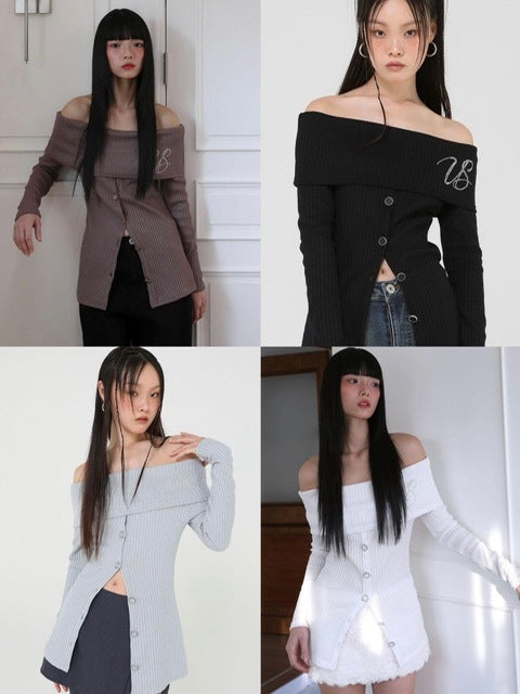 【Uglyshadow】BEAD KNIT OFF-SHOULDER / 【アグリーシャドウ】ビーズロングオフショルダー長袖カーディガン