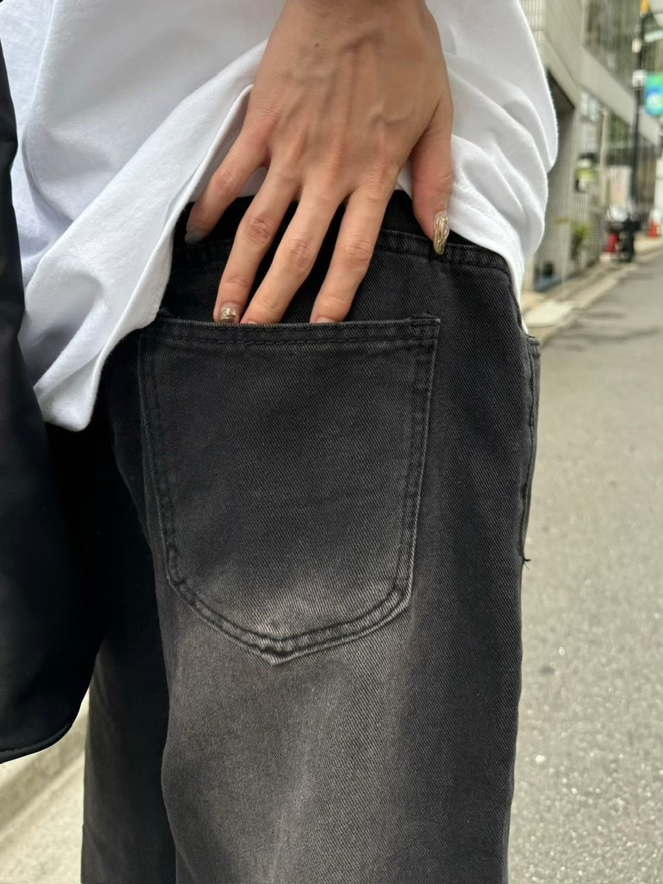 【Chikashitsu +】vintage wash wide denim half pants (2color)
