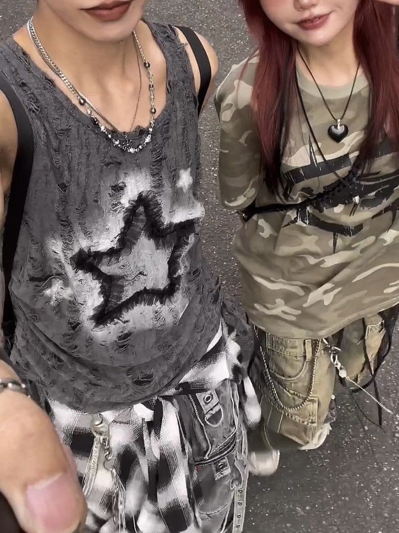 受注制【Never mind the XU】star damage sleeveless (2color)