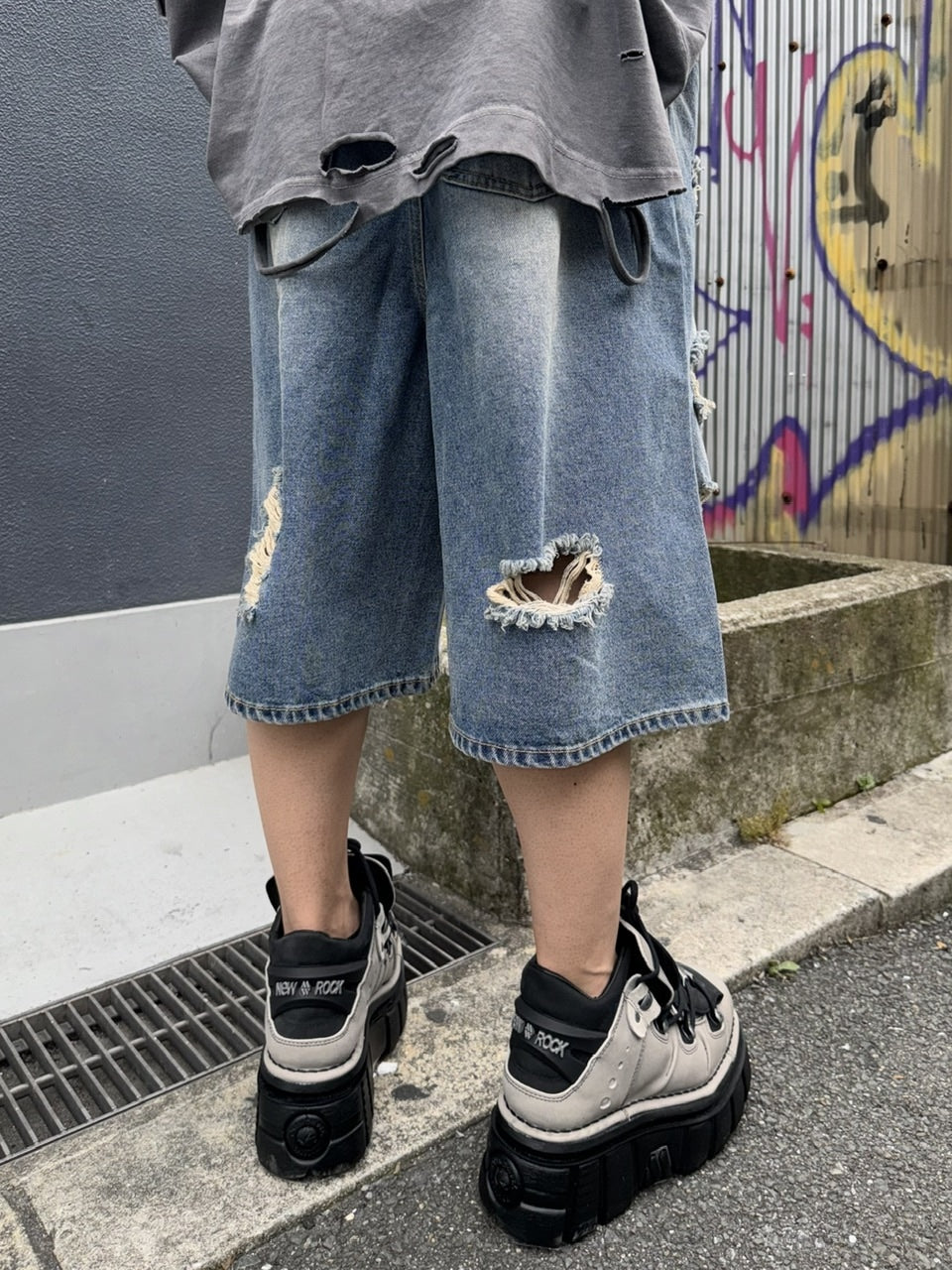 受注制【Never mind the XU】damage denim shorts 2 (2color)