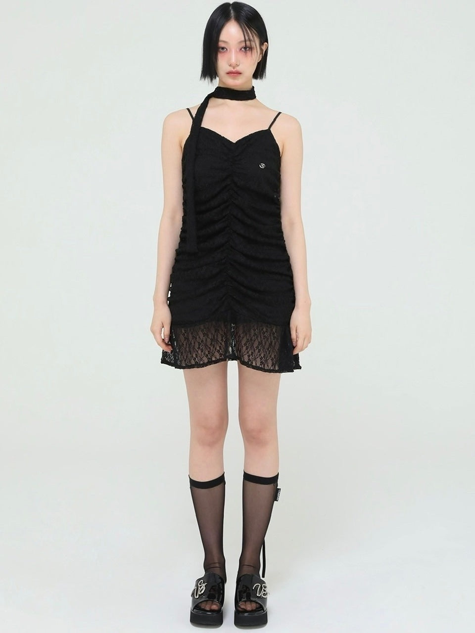 【Uglyshadow】TIE SHIRRING LACE DRESS