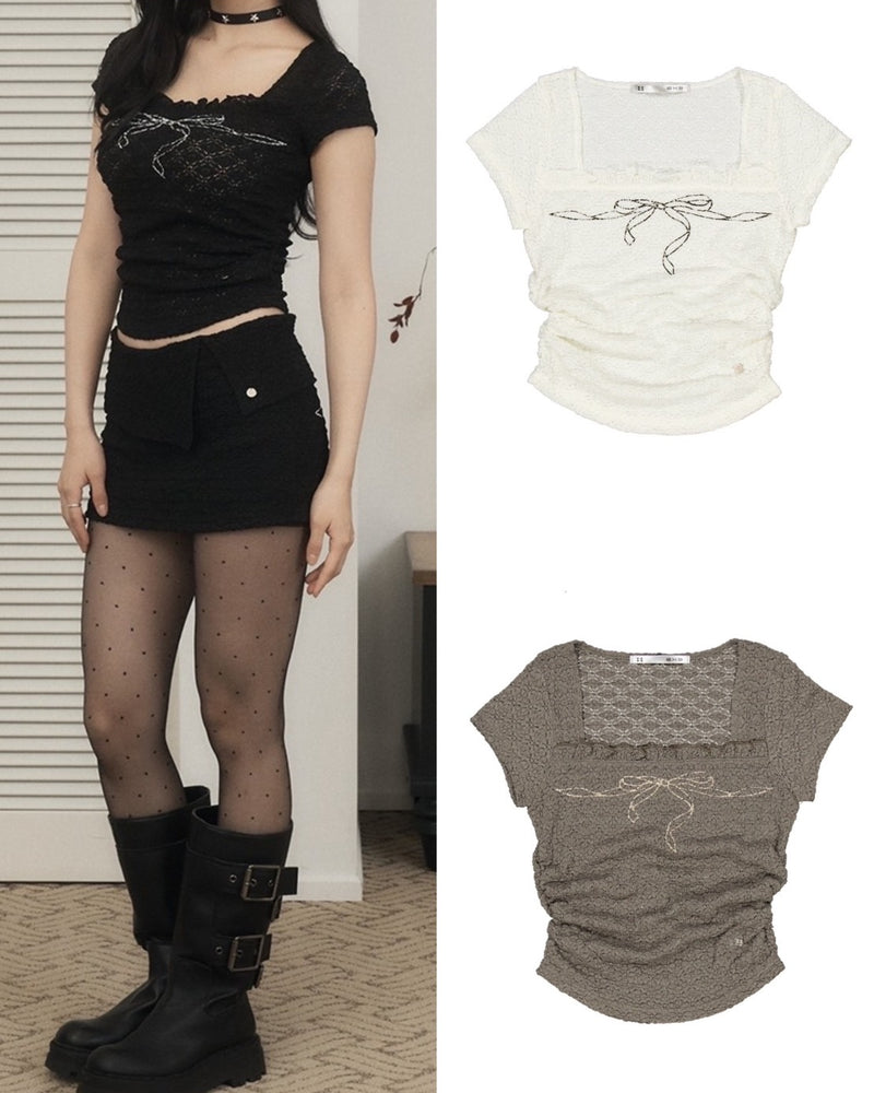 【SETUP‐EXE】FRILL BOW CROP TOP / 【セットアップエグゼ】フリルクロップリボンロゴプリント半袖Tシャツ