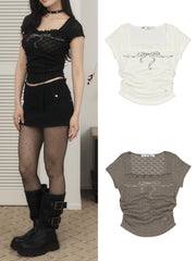 【SETUP‐EXE】FRILL BOW CROP TOP / 【セットアップエグゼ】フリルクロップリボンロゴプリント半袖Tシャツ