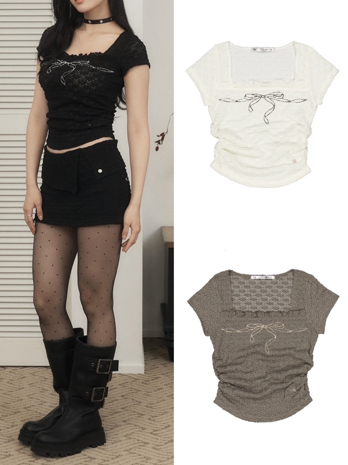 【SETUP‐EXE】FRILL BOW CROP TOP / 【セットアップエグゼ】フリルクロップリボンロゴプリント半袖Tシャツ