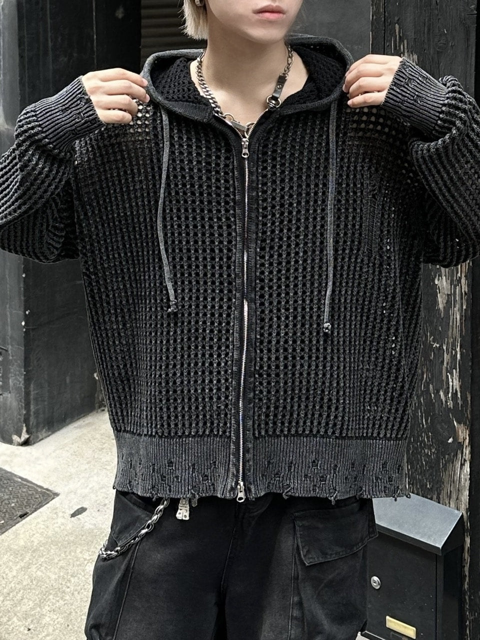 大阪店WEB限定受注制【Chikashitsu +】mesh zip damage hoodie (2color) / 【チカシツプラス】メッシュダメージジップアップ長袖パーカー