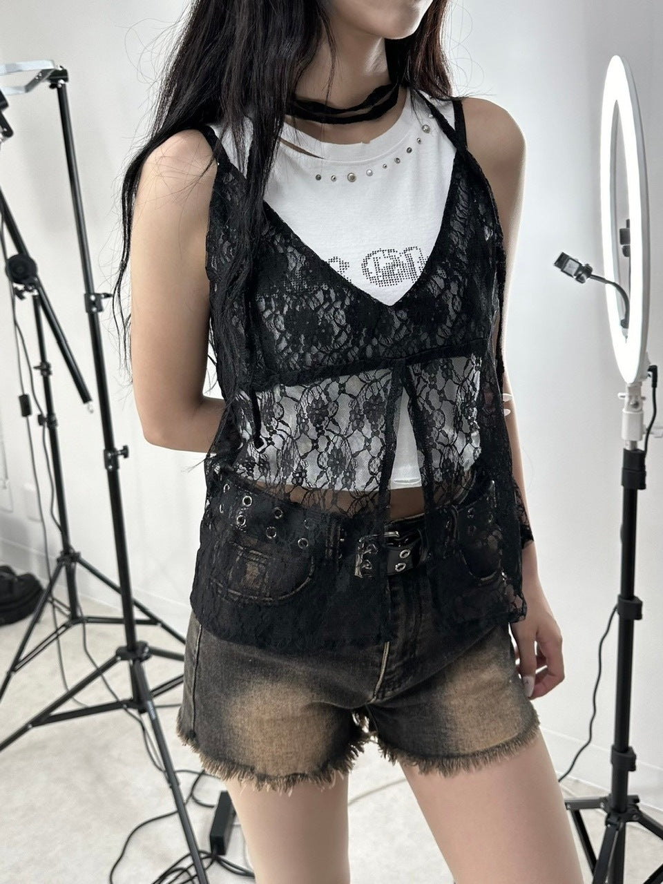 受注制【Never mind the XU】tie scarf lace tops (2color)