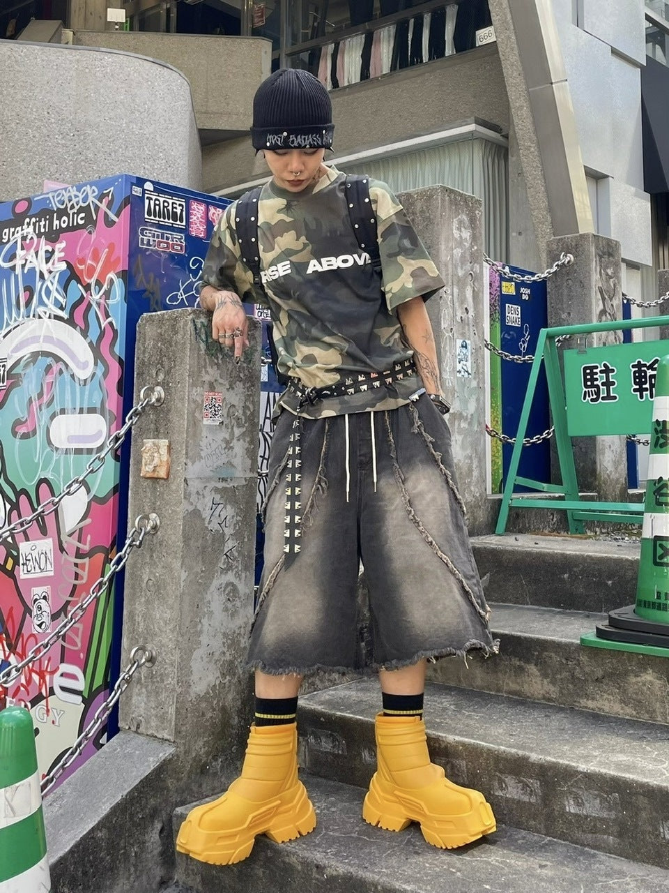 受注制【Never mind the XU】line denim half pants (2color