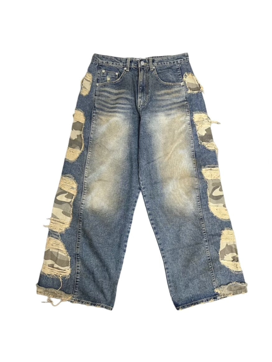 受注制【Never mind the XU】camouflage side damage denim pants (2color) / 【ネバーマインドザエックスユー】カモフラージュサイドダメージワイドデニムパンツ