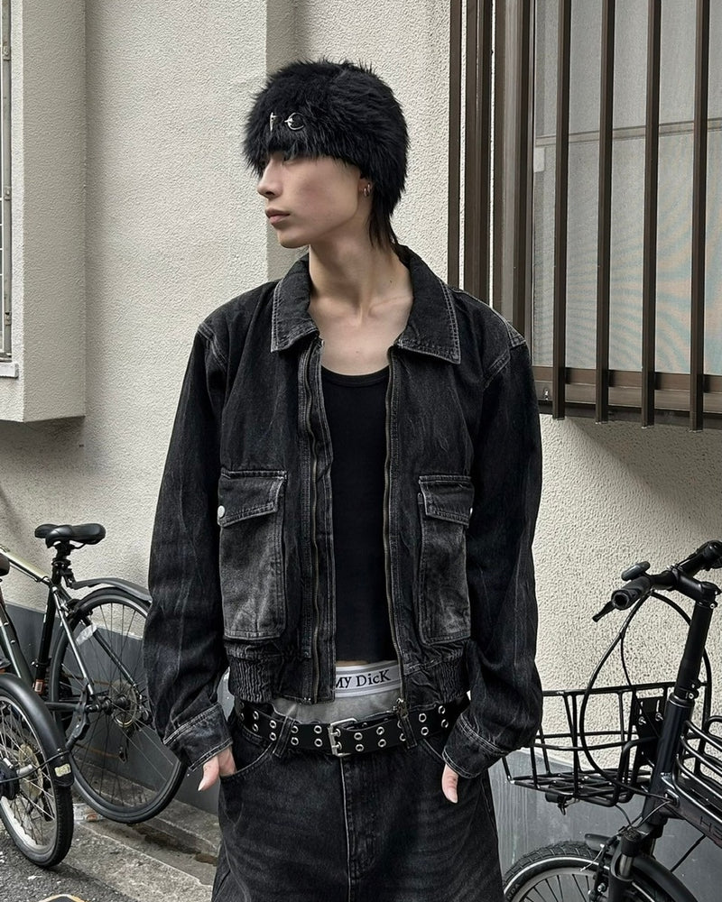大阪店WEB限定受注制【Chikashitsu +】vintage wash cropped denim jacket (black)