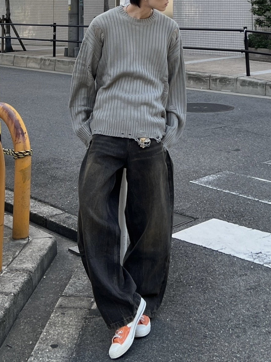 大阪店WEB限定受注制【Chikashitsu +】vintage wash wide denim pants (brown)